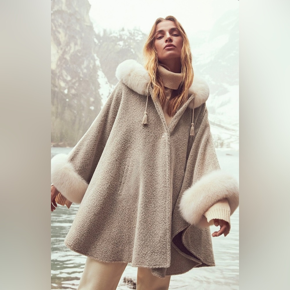 Skye Hooded Alpaca Wool-Blend Cape with Fur Trim